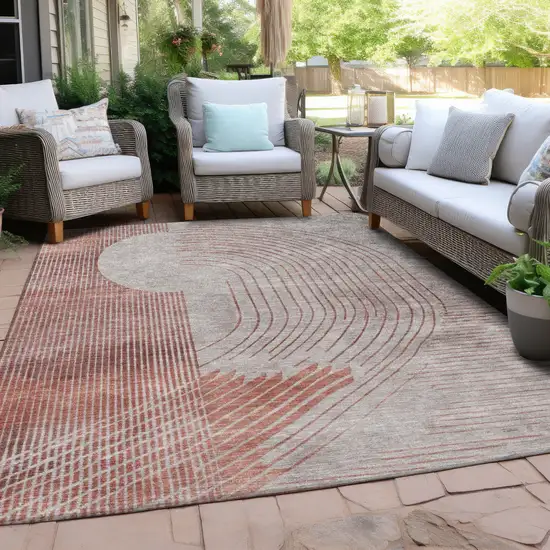 Salmon And Beige Geometric Washable Indoor Outdoor Area Rug Photo 4