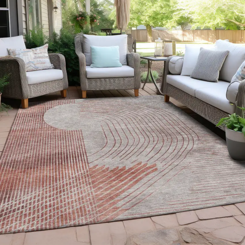 Salmon And Beige Geometric Washable Indoor Outdoor Area Rug Photo 4