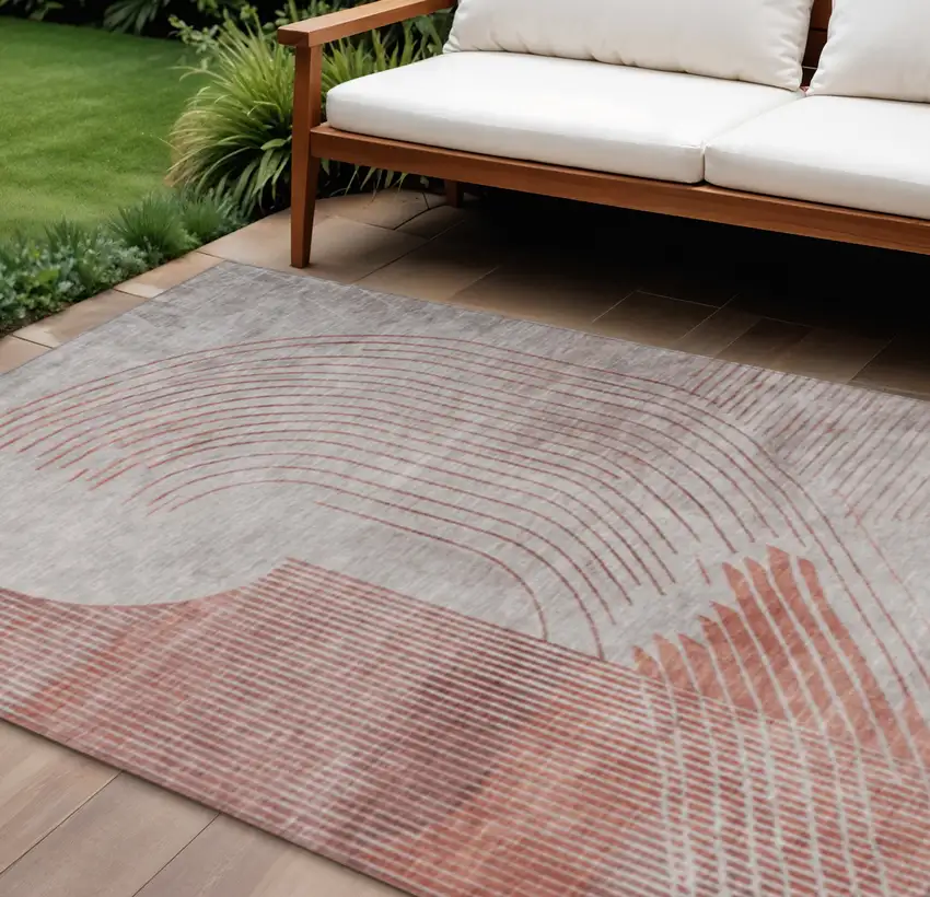 Salmon And Beige Geometric Washable Indoor Outdoor Area Rug Photo 2