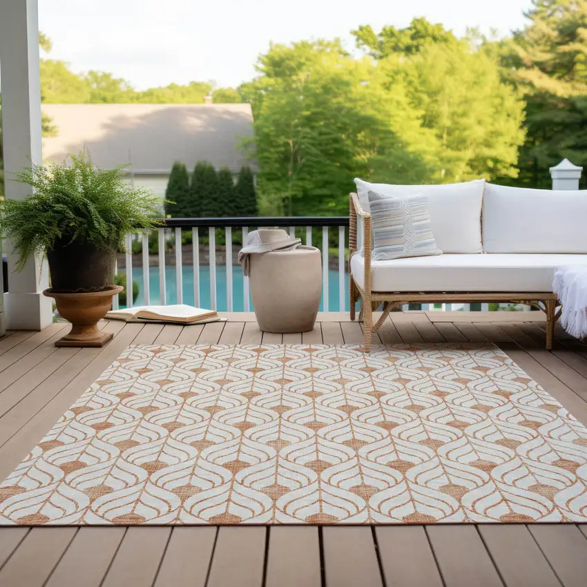 Salmon And Beige Geometric Washable Indoor Outdoor Area Rug Photo 9