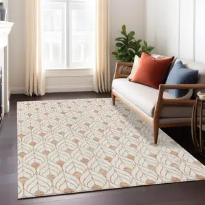Photo of Salmon And Beige Geometric Washable Indoor Outdoor Area Rug