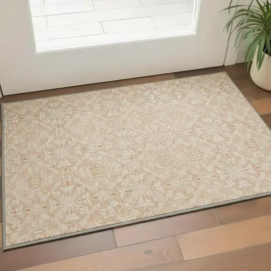 Salmon And Beige Medallion Washable Area Rug With UV Protection Photo 2