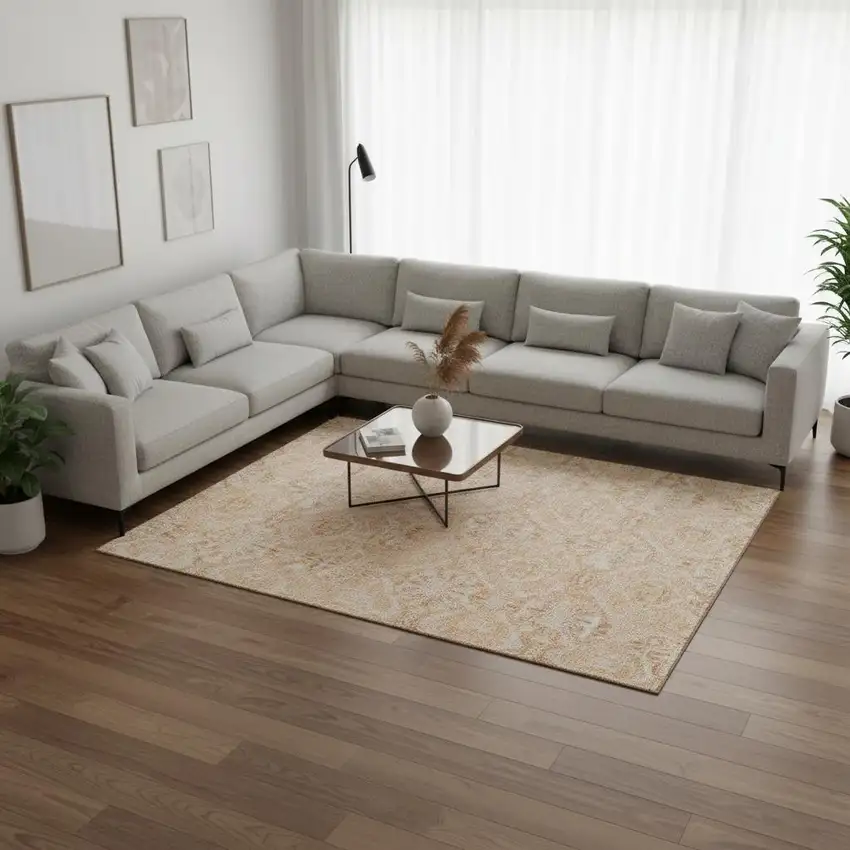 Salmon And Beige Medallion Washable Area Rug With UV Protection Photo 2