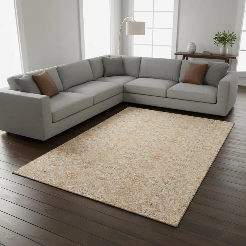 Salmon And Beige Medallion Washable Area Rug With UV Protection Photo 2