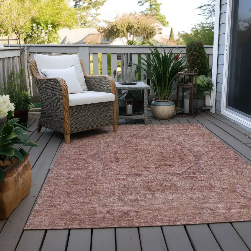 Salmon And Beige Medallion Washable Indoor Outdoor Area Rug Photo 5