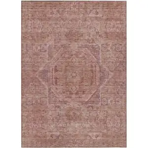 Photo of Salmon And Beige Medallion Washable Indoor Outdoor Area Rug