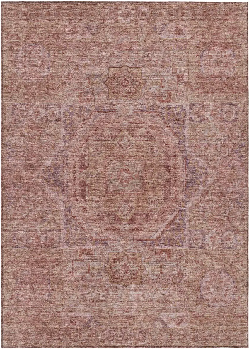 Salmon And Beige Medallion Washable Indoor Outdoor Area Rug Photo 1