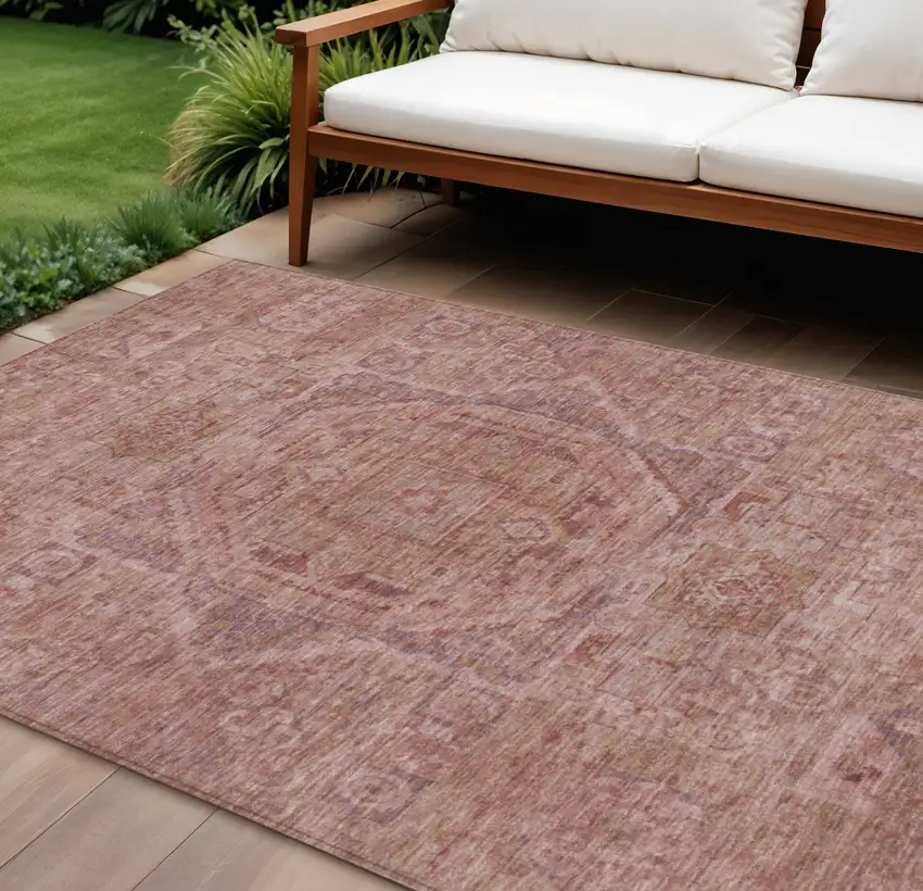 Salmon And Beige Medallion Washable Indoor Outdoor Area Rug Photo 2