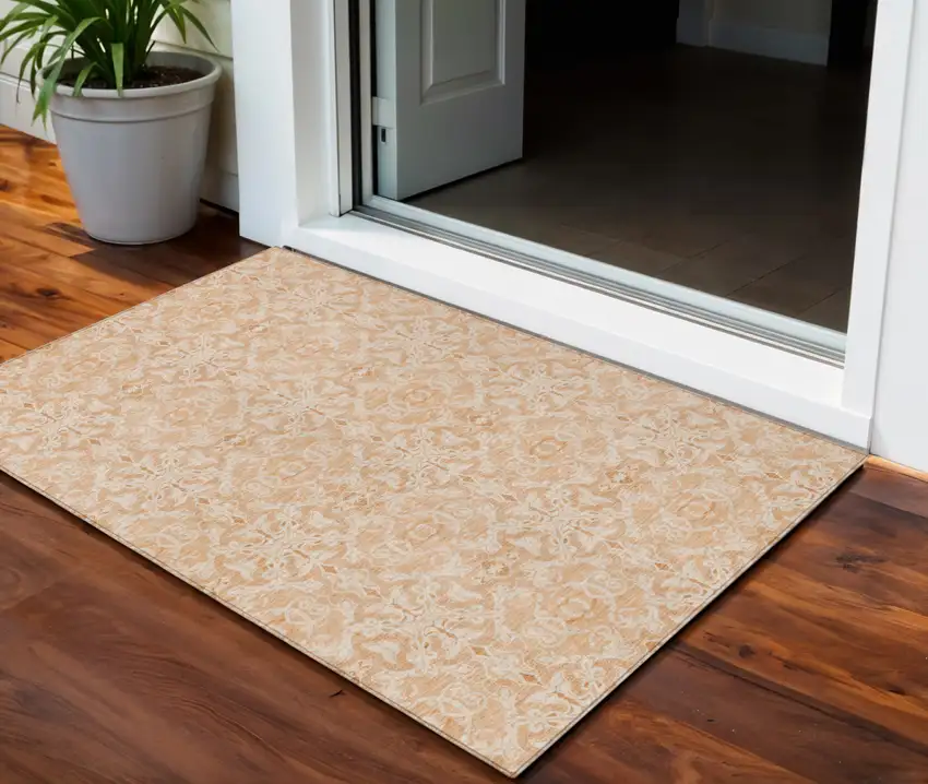 Salmon And Beige Medallion Washable Indoor Outdoor Area Rug Photo 1