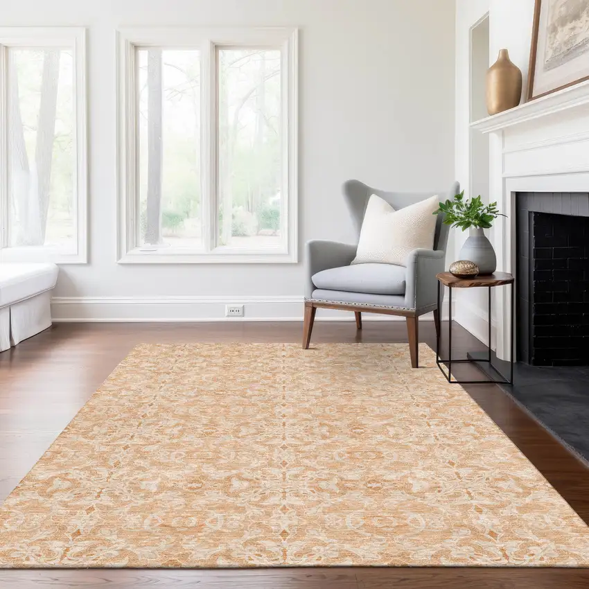 Salmon And Beige Medallion Washable Indoor Outdoor Area Rug Photo 8