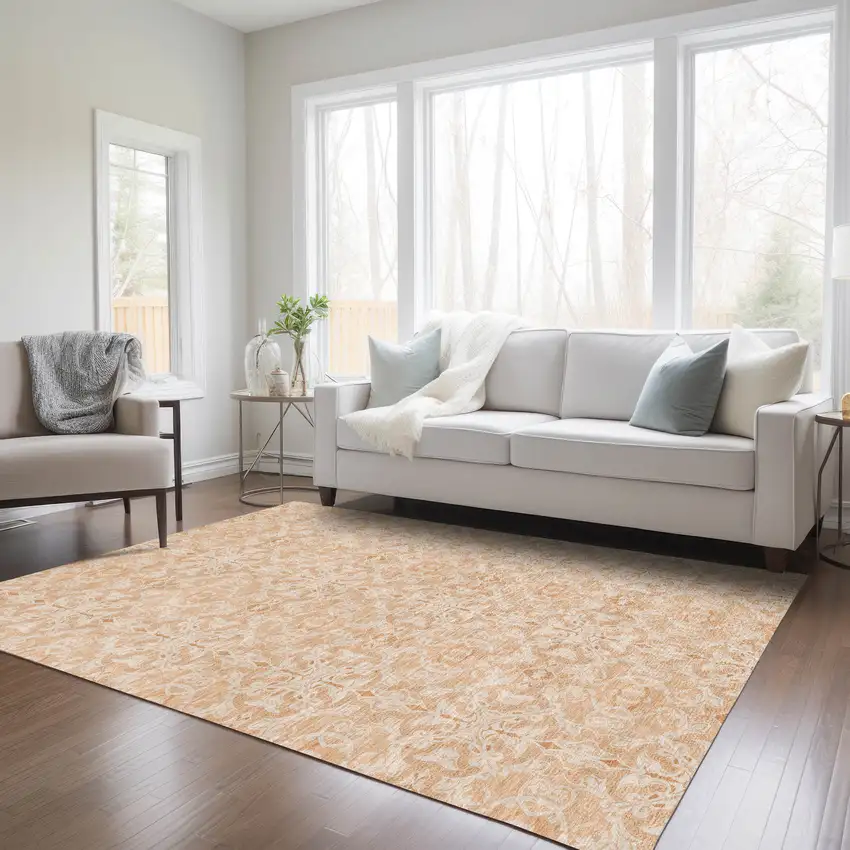 Salmon And Beige Medallion Washable Indoor Outdoor Area Rug Photo 9
