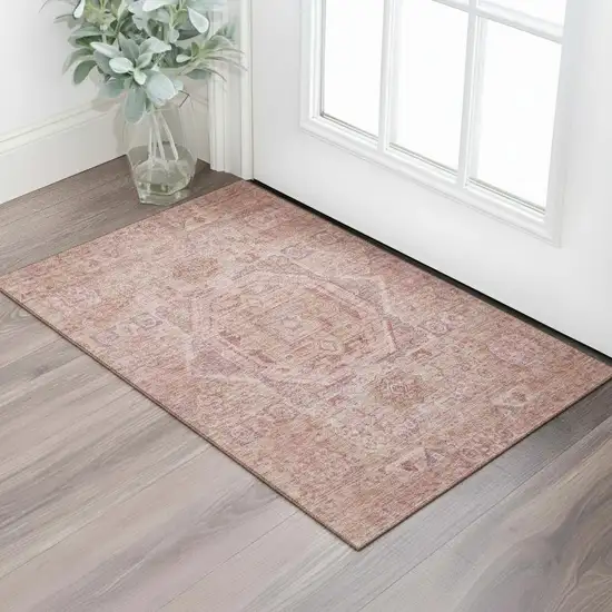 Salmon And Beige Oriental Washable Area Rug With UV Protection Photo 2