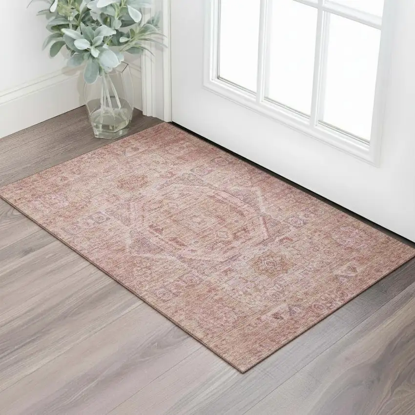 Salmon And Beige Oriental Washable Area Rug With UV Protection Photo 2