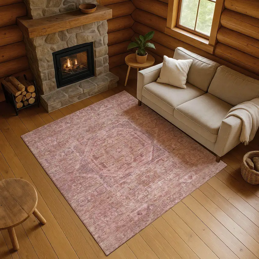 Salmon And Beige Oriental Washable Area Rug With UV Protection Photo 4
