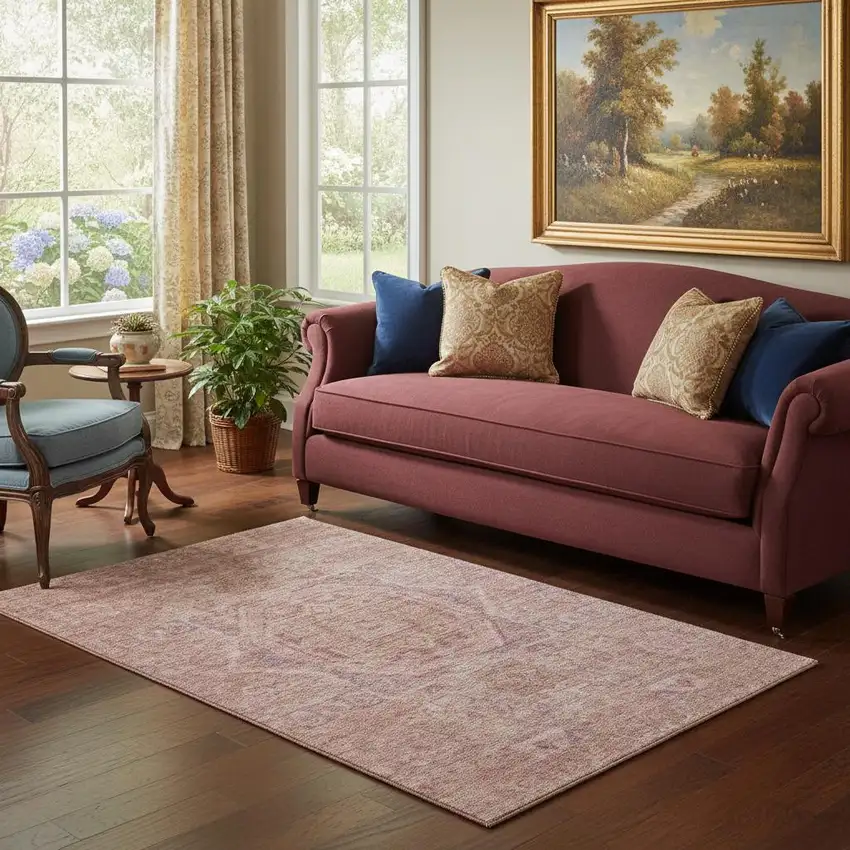 Salmon And Beige Oriental Washable Area Rug With UV Protection Photo 2