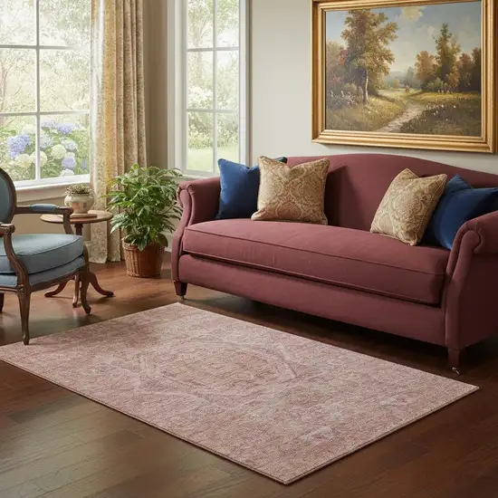 Salmon And Beige Oriental Washable Area Rug With UV Protection Photo 2