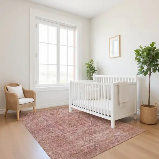 Salmon And Beige Oriental Washable Area Rug With UV Protection Photo 5