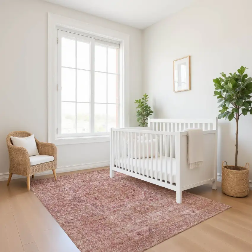 Salmon And Beige Oriental Washable Area Rug With UV Protection Photo 5