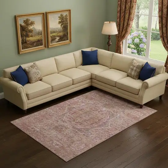 Salmon And Beige Oriental Washable Area Rug With UV Protection Photo 2