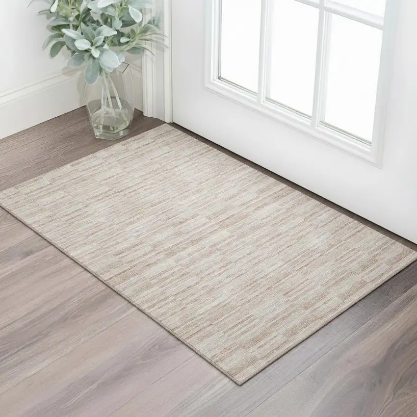 Salmon And Beige Striped Washable Area Rug With UV Protection Photo 1