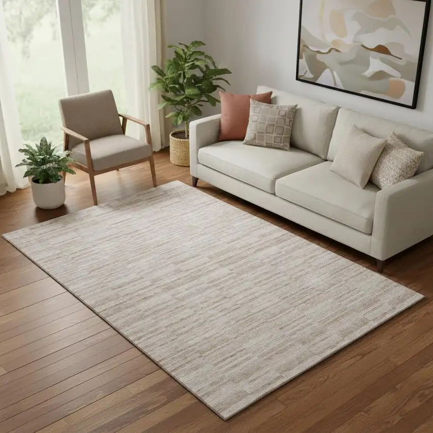 Salmon And Beige Striped Washable Area Rug With UV Protection Photo 1