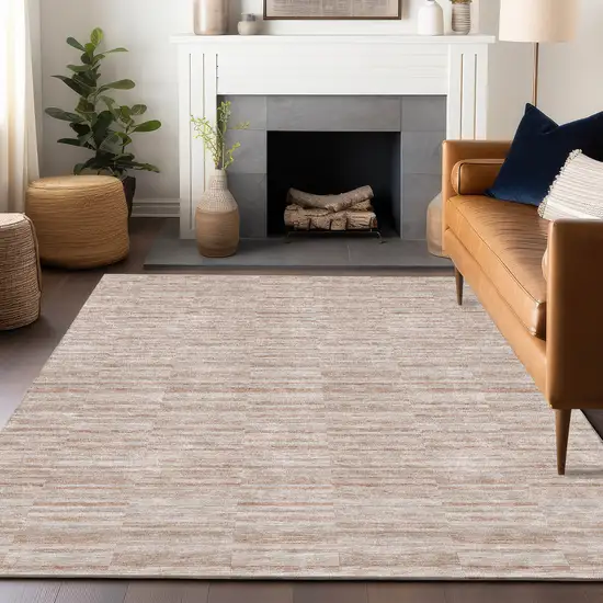 Salmon And Beige Striped Washable Area Rug With UV Protection Photo 5