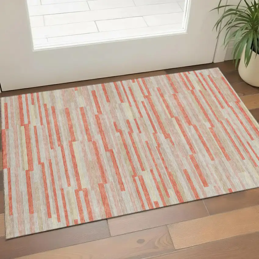 Salmon And Beige Striped Washable Area Rug With UV Protection Photo 1