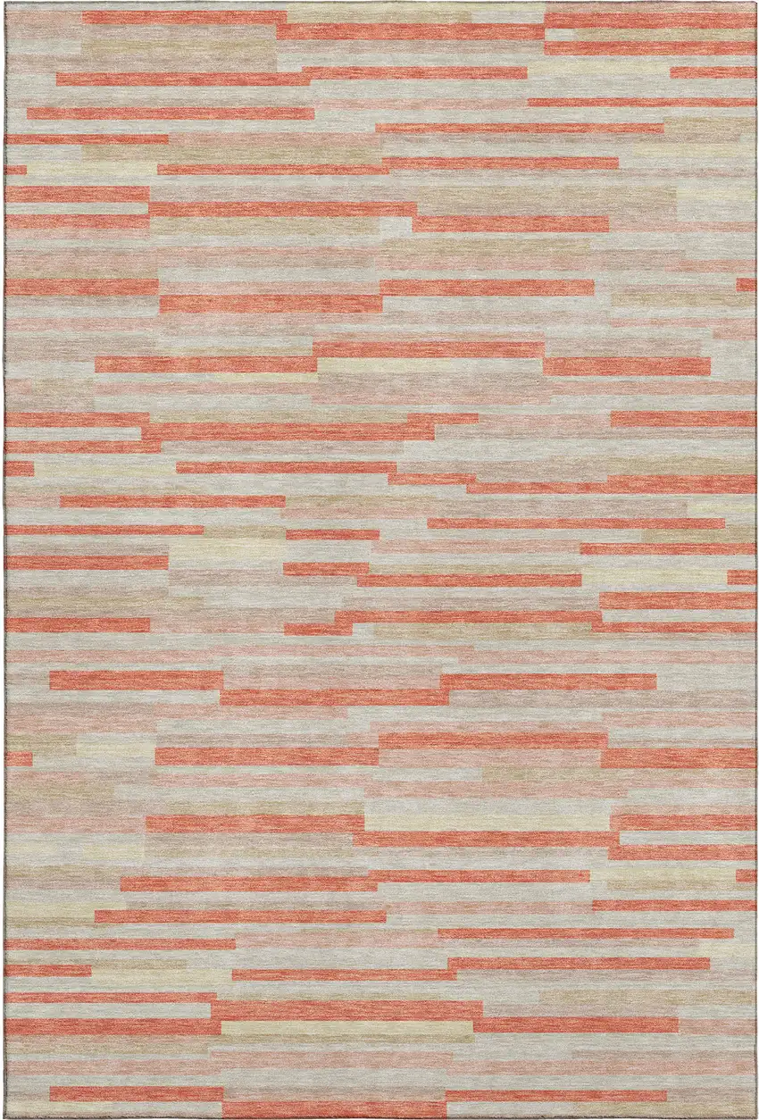 Salmon And Beige Striped Washable Area Rug With UV Protection Photo 1