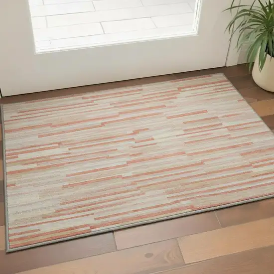 Salmon And Beige Striped Washable Area Rug With UV Protection Photo 2
