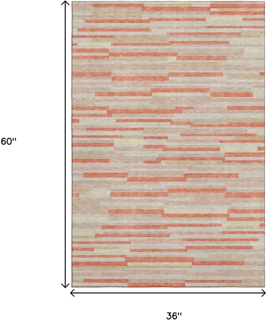Salmon And Beige Striped Washable Area Rug With UV Protection Photo 3