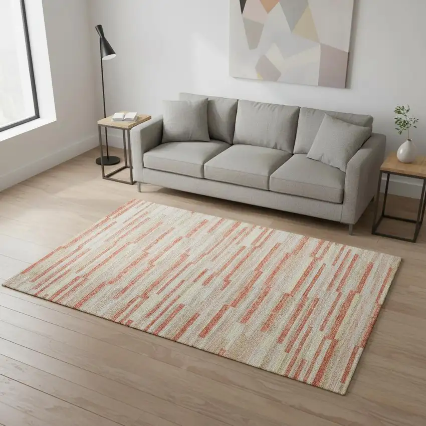 Salmon And Beige Striped Washable Area Rug With UV Protection Photo 2