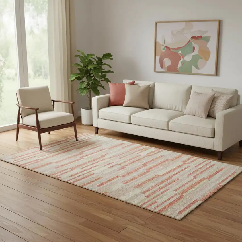 Salmon And Beige Striped Washable Area Rug With UV Protection Photo 1