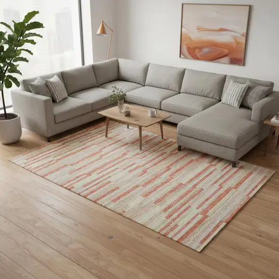 Salmon And Beige Striped Washable Area Rug With UV Protection Photo 2