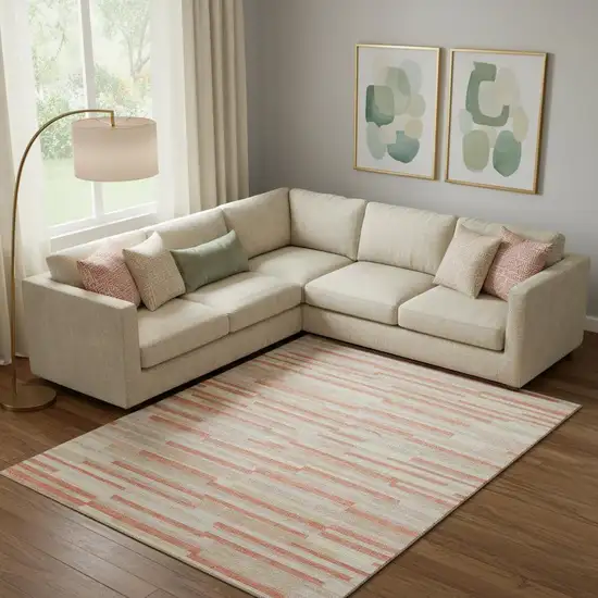 Salmon And Beige Striped Washable Area Rug With UV Protection Photo 1