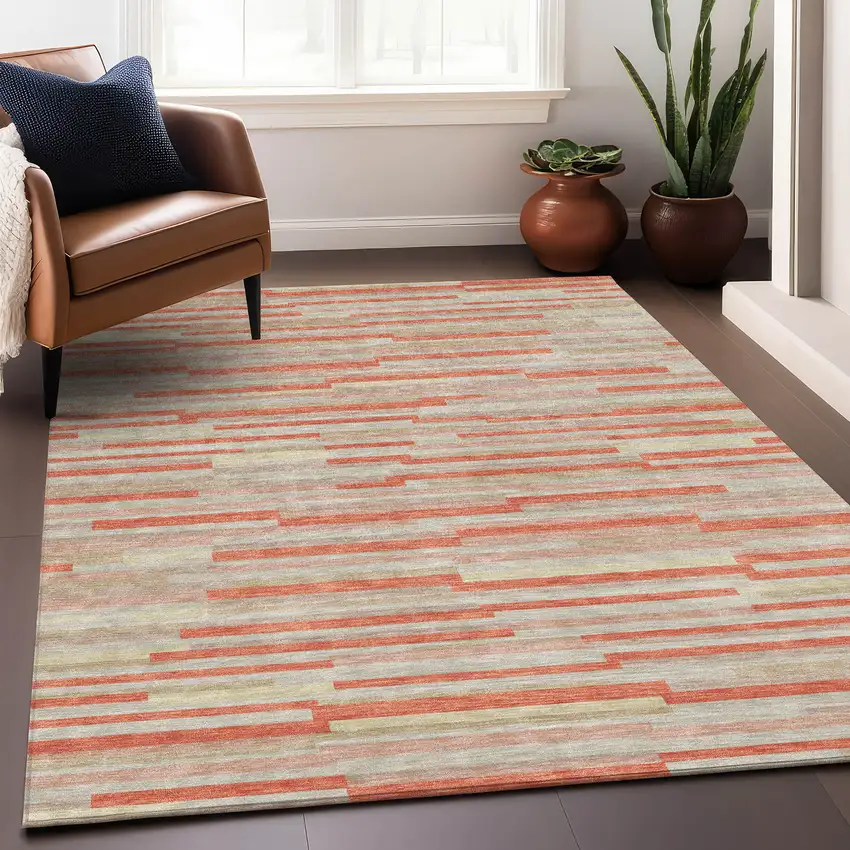 Salmon And Beige Striped Washable Area Rug With UV Protection Photo 5
