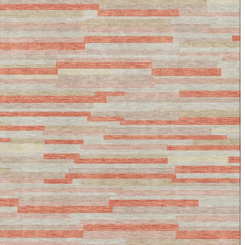 Salmon And Beige Striped Washable Area Rug With UV Protection Photo 3