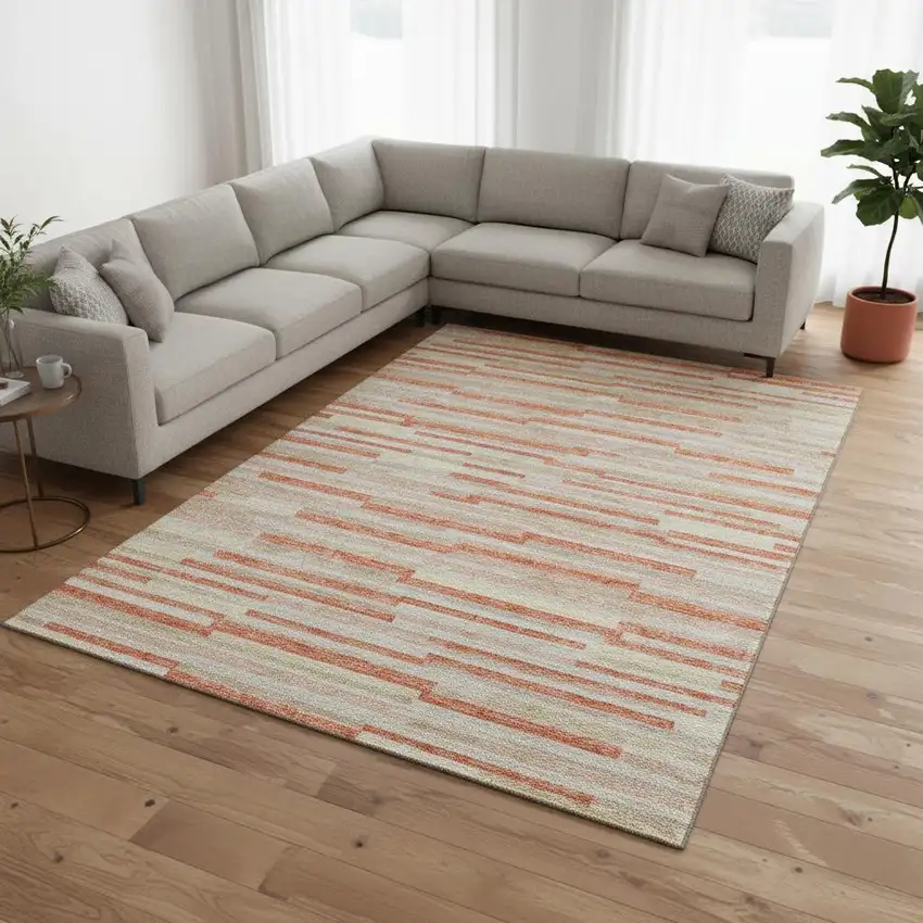 Salmon And Beige Striped Washable Area Rug With UV Protection Photo 2