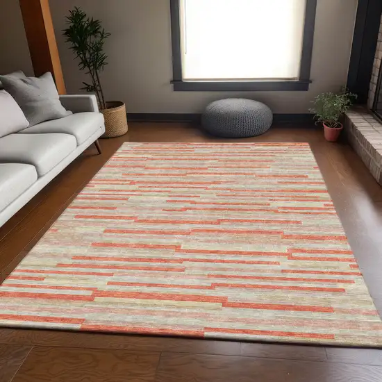 Salmon And Beige Striped Washable Area Rug With UV Protection Photo 6