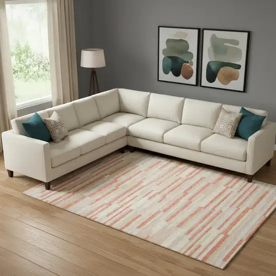 Salmon And Beige Striped Washable Area Rug With UV Protection Photo 1