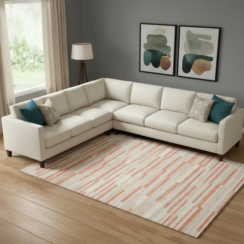 Salmon And Beige Striped Washable Area Rug With UV Protection Photo 1