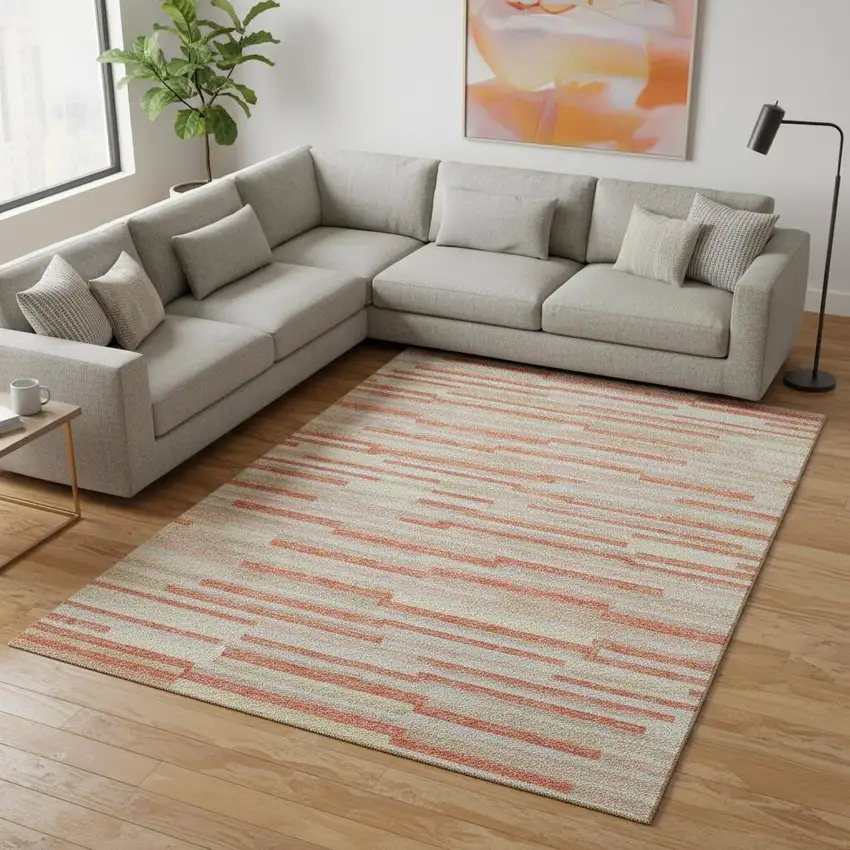 Salmon And Beige Striped Washable Area Rug With UV Protection Photo 2