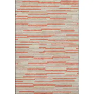 Photo of Salmon And Beige Striped Washable Area Rug With UV Protection