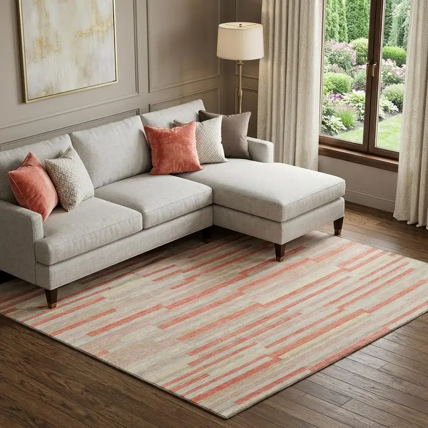 Salmon And Beige Striped Washable Area Rug With UV Protection Photo 1