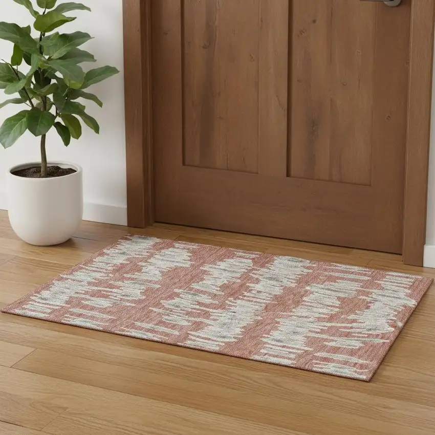 Salmon And Beige Striped Washable Area Rug With UV Protection Photo 1