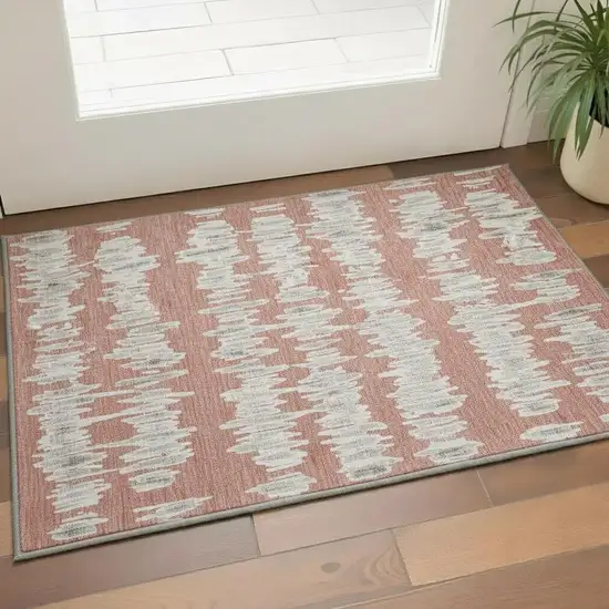 Salmon And Beige Striped Washable Area Rug With UV Protection Photo 2