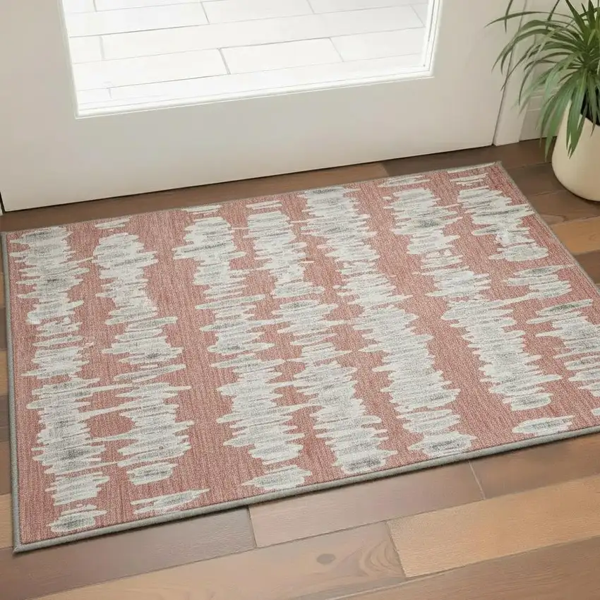 Salmon And Beige Striped Washable Area Rug With UV Protection Photo 2