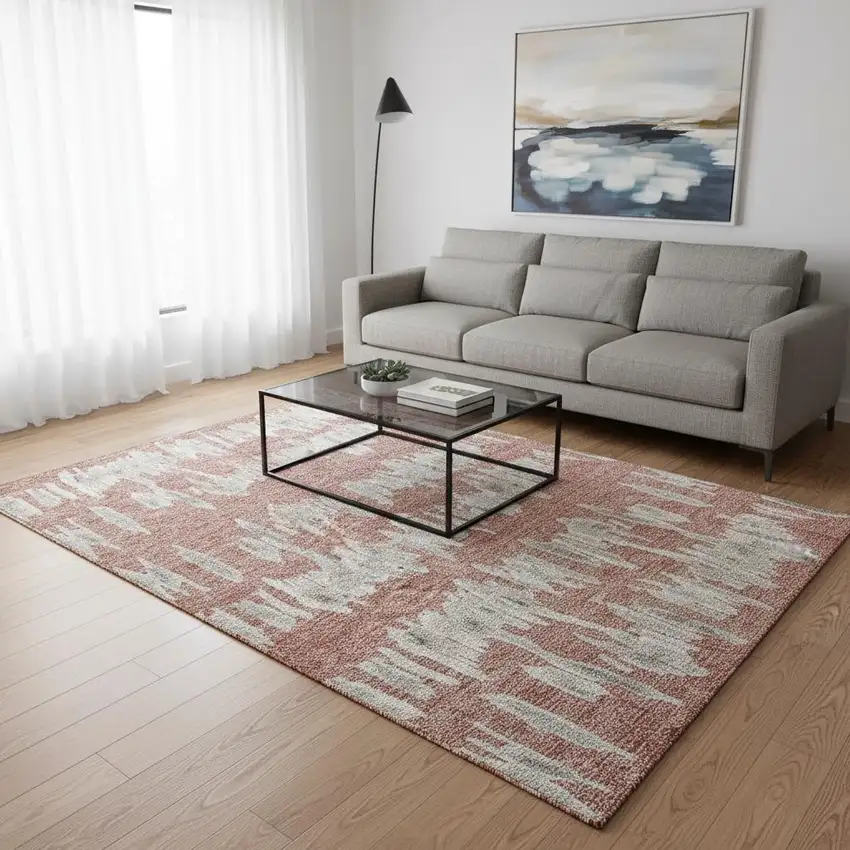 Salmon And Beige Striped Washable Area Rug With UV Protection Photo 2