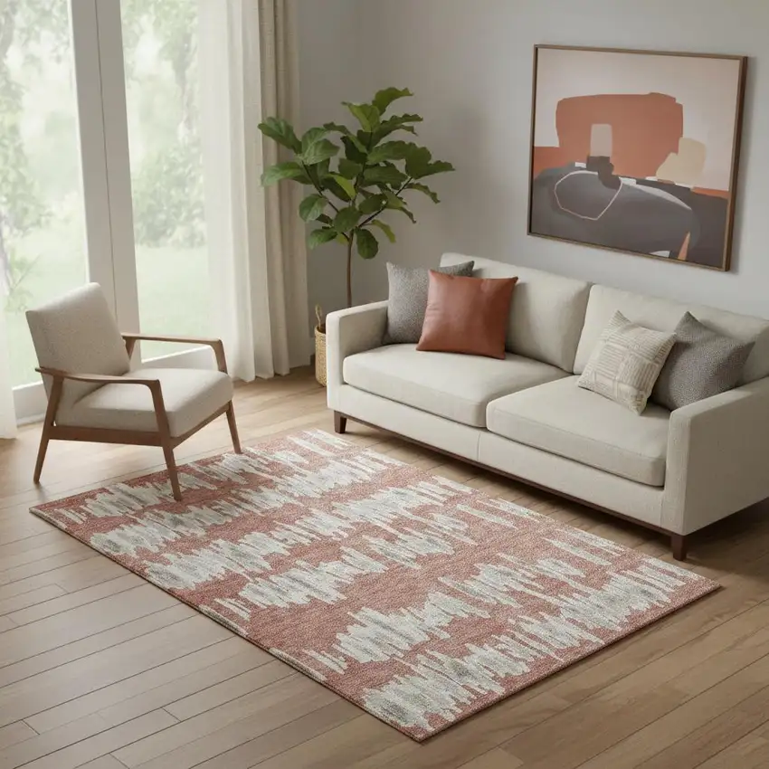 Salmon And Beige Striped Washable Area Rug With UV Protection Photo 1