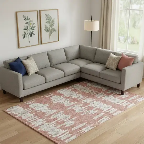 Salmon And Beige Striped Washable Area Rug With UV Protection Photo 1