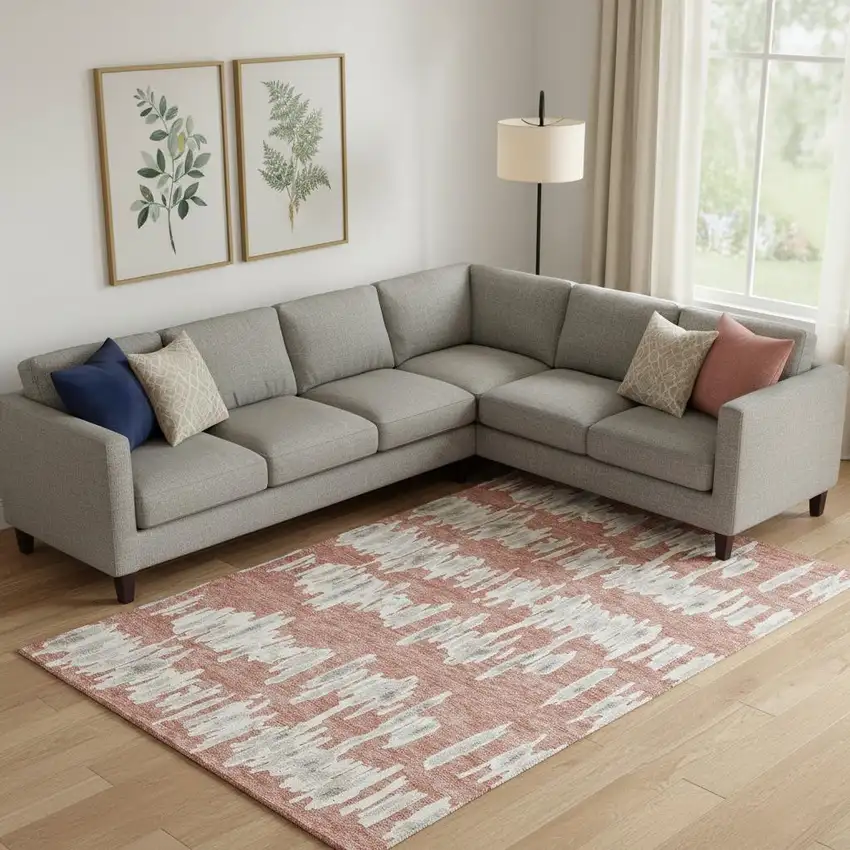 Salmon And Beige Striped Washable Area Rug With UV Protection Photo 1